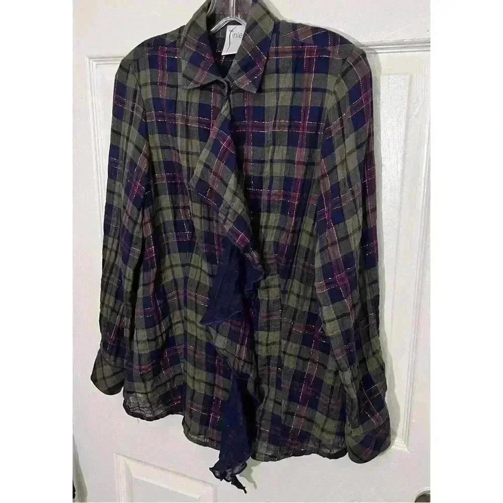 FINLEY Plaid Ruffle Button Down with Gold Thread | size small - Picture 9 of 9